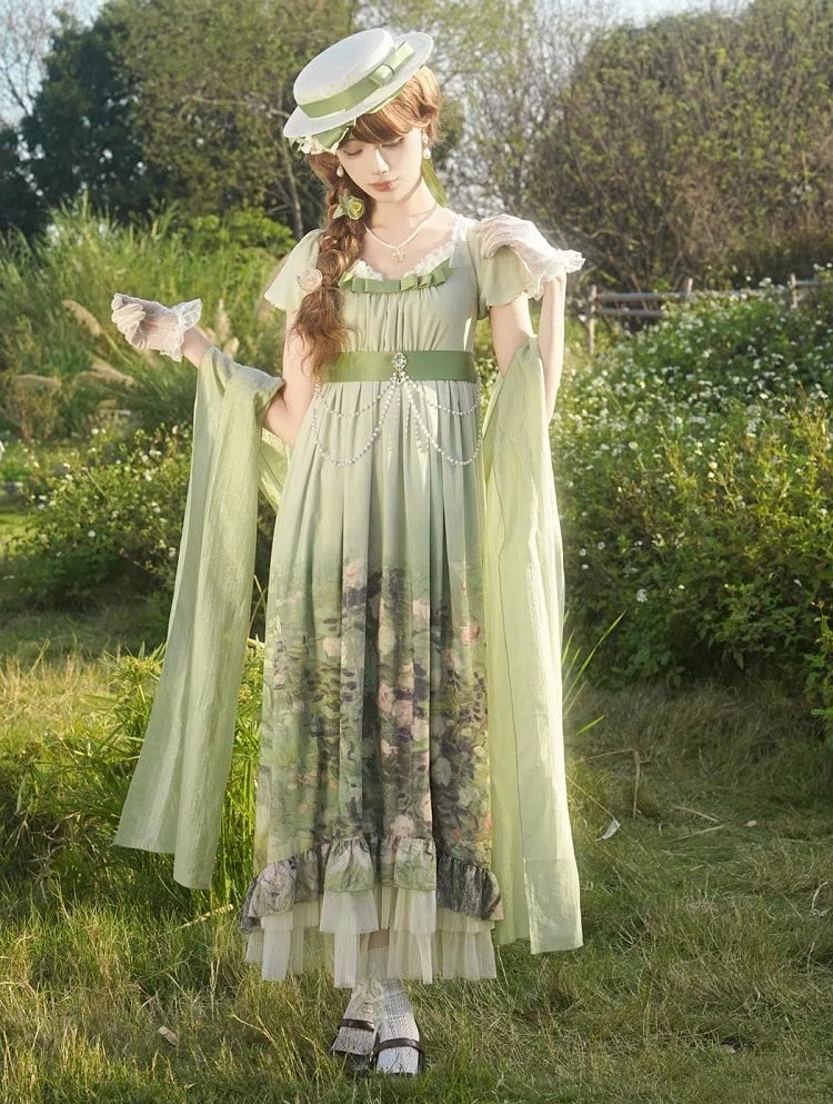 Empire Set Painting Oil Roses Lolita Elegant Green Print Waist OP Skirt
