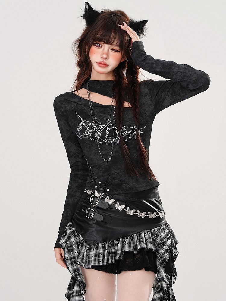 Black/Khaki Rhinestones Adorned Cutout Top Lace-up Detail