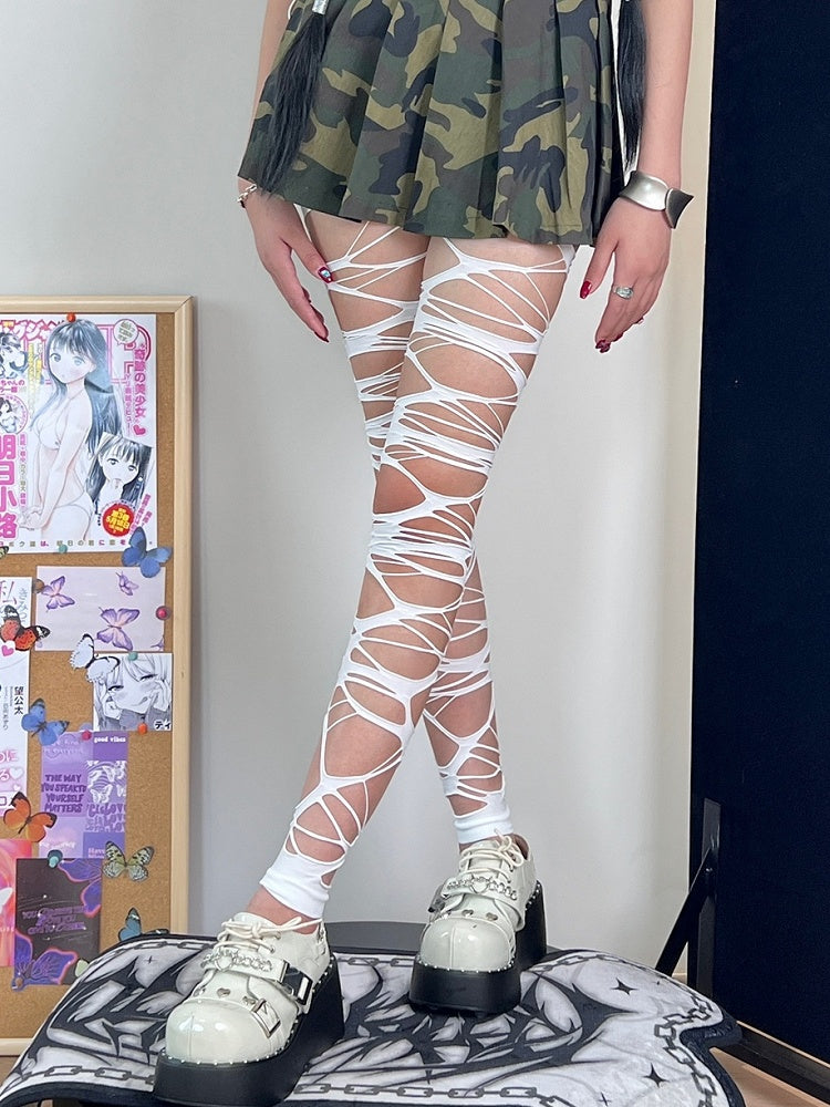 Long Stockings Asymmetrical Details Y2K Cut-out Over-knee Black/White Design Version