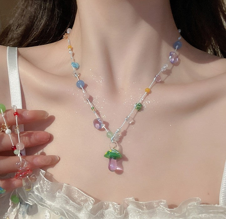 Y2K Blue/Red/Purple Cute Necklace Mushroom Beaded