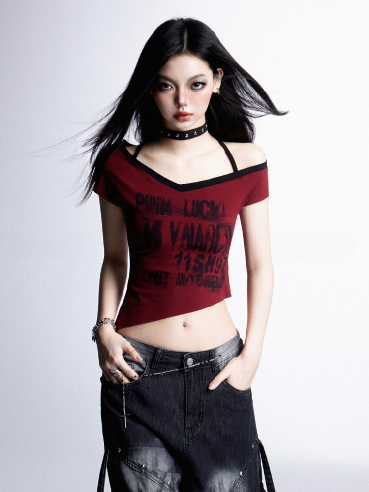 Rock and Hem Red Halter Neck Asymmetrical Neckline Graphic Cropped T-shirt Punk Y2K
