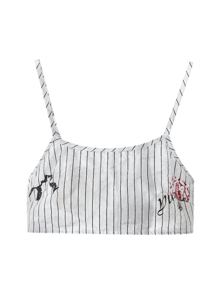 Cami Top Stripes Graffiti Distressed White Black Cropped