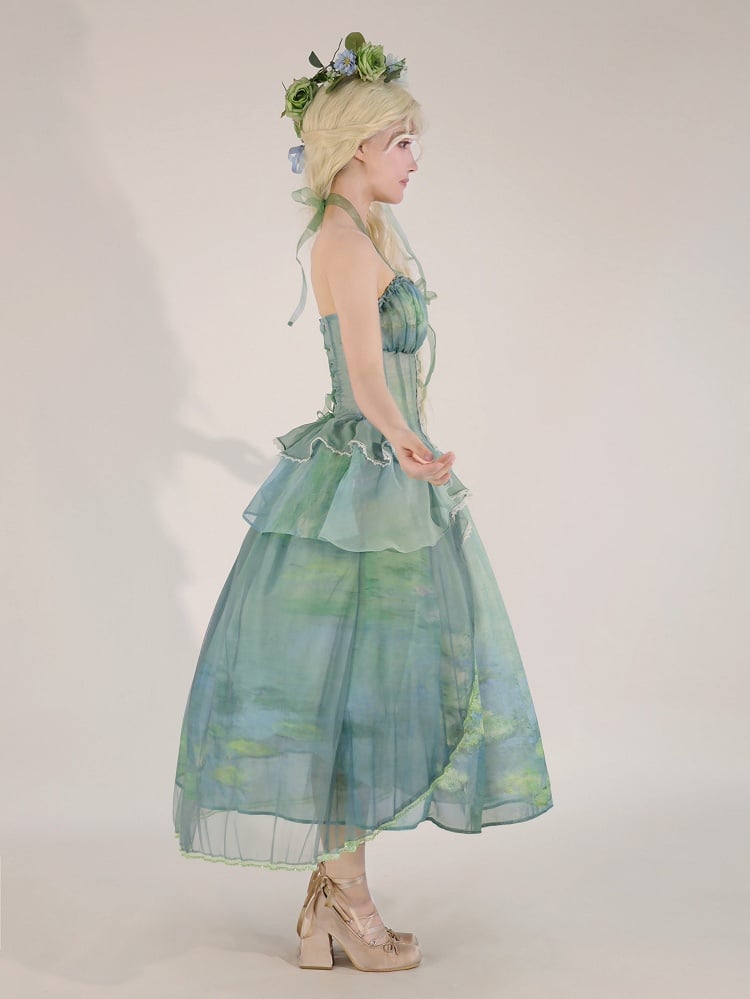 Fairy Oil Tiered Flounce Hem Halter Boned Corset Top Green Painting Print
