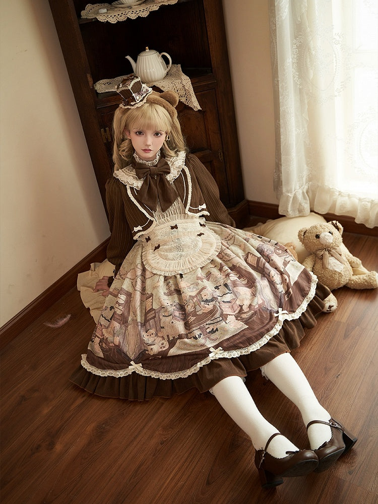 Print Lolita Two Teddy House Pieces Dress Coffee Design Long Green Sleeves Fake