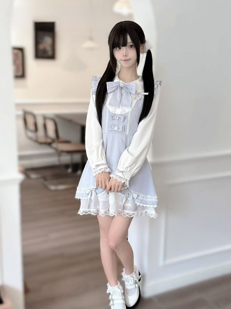 auf mit Chiffon Rock Bowknots Licht Jirai Blau Kei Kleid Saum Tiered