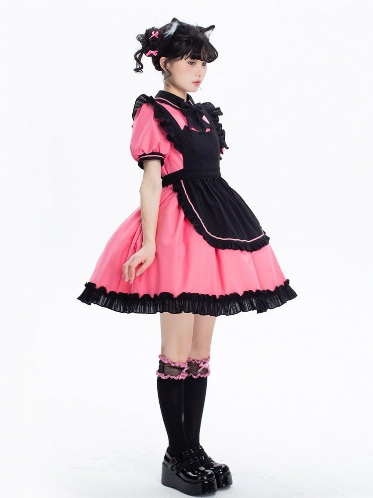 + and Black Sleeves Puff Maid Short Apron Dress Lolita Pink Kitty