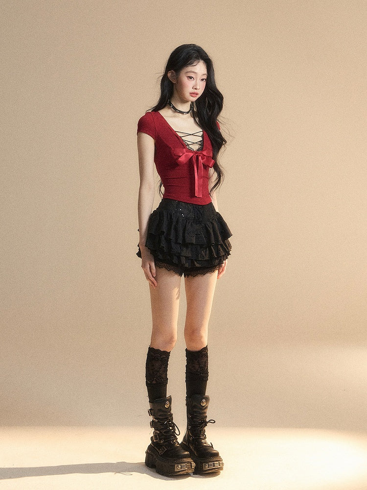 Red Lace Big Bow Slim-fitting Back T-Shirt Trim V-Neck Cutout