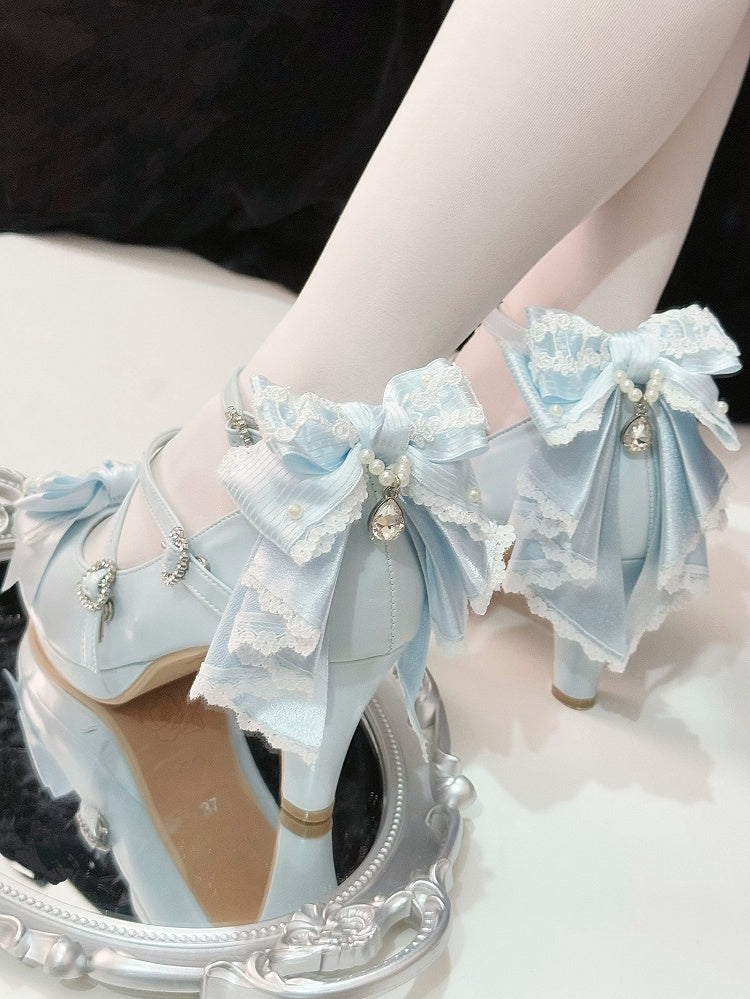 High Buckle Blue Design Heels Heart Crisscross Top Light at Bow