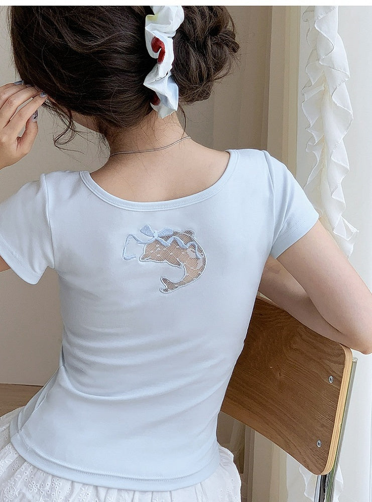 Blue Scoop Neckline T-shirt Dolphin-shaped Cutout Back