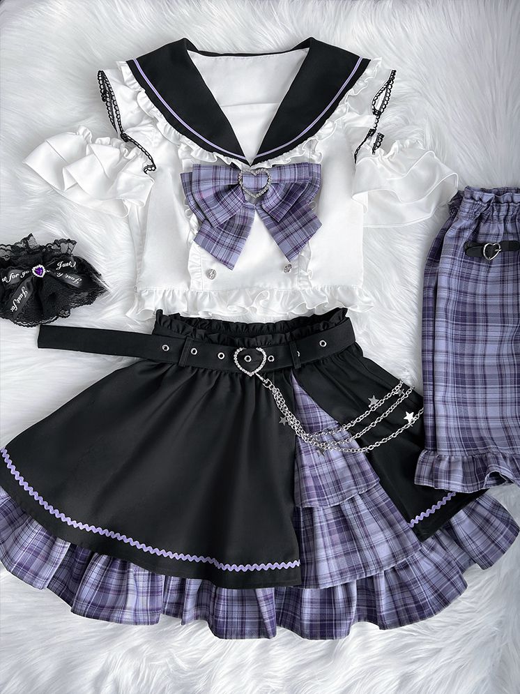 Black Set-Sailor Kei Purple Top+Purple Short And Plaid Collar Skirt Sleeves Full Shoulder Jirai Cutout