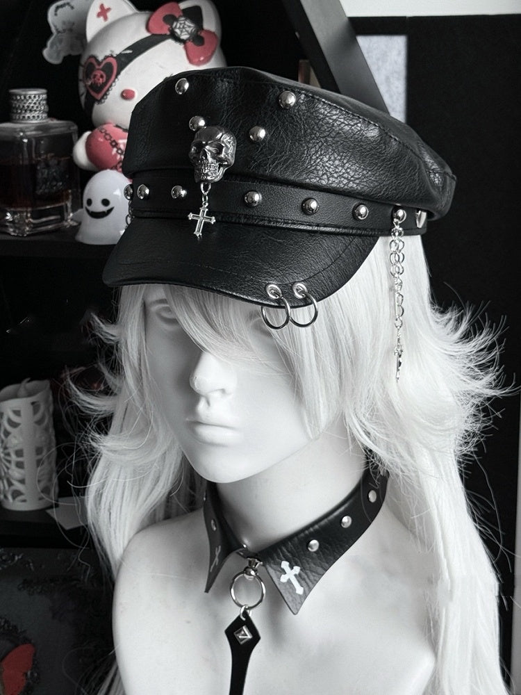 Nietenhut Y2K Kreuz Charm Punk Schwarz PU