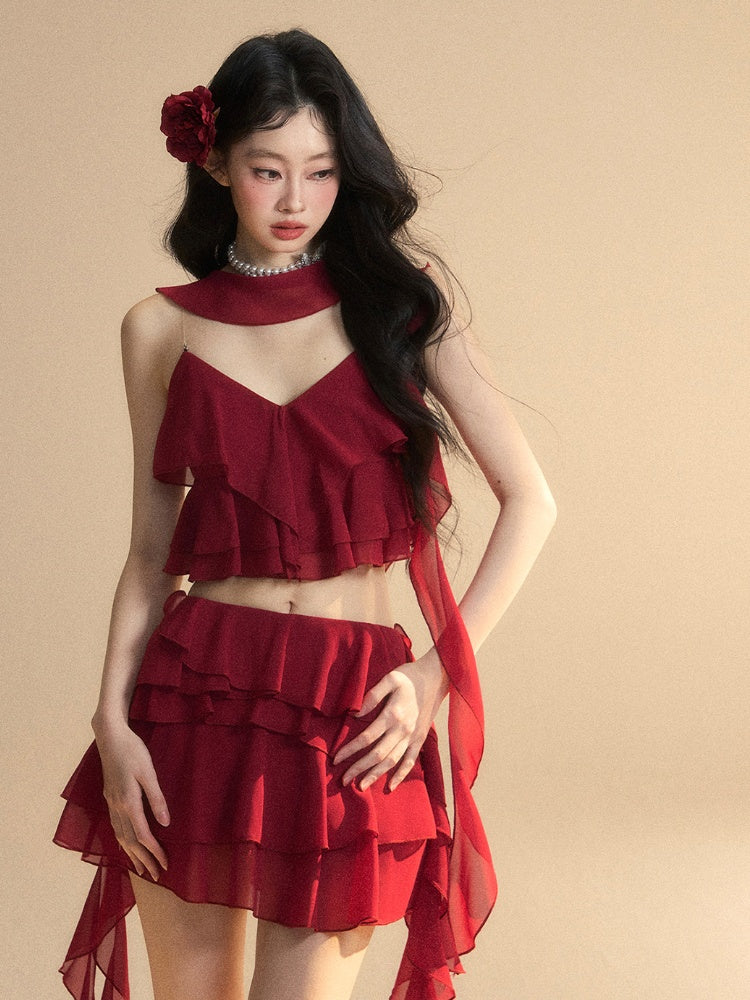 Asymmetrical Ruffled Hem Slim-fitting Mini Tiered Skirt Red Chiffon