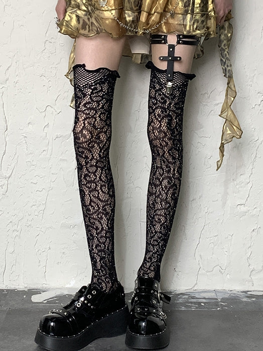 Overknee Y2K Stockings Black Hollow-out Vine