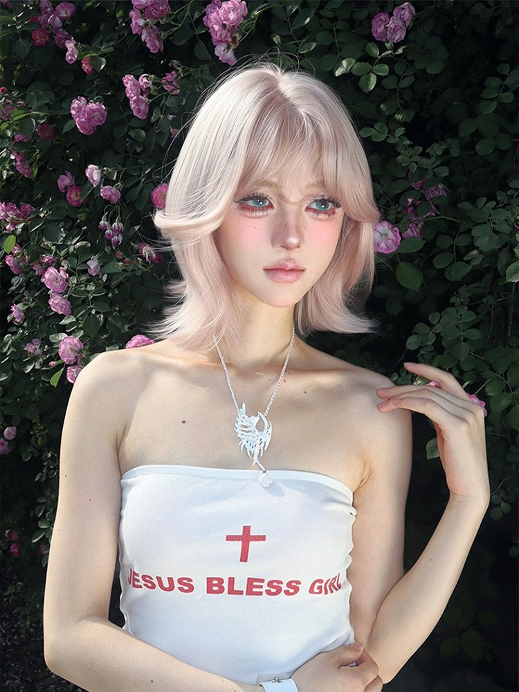 With Light 35CM Bangs Wig Pink Short Curtain Length
