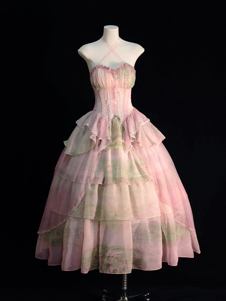 Tiered Flounce Hem Halter Boned Corset Top Pink Print Light Fairy Oil Painting