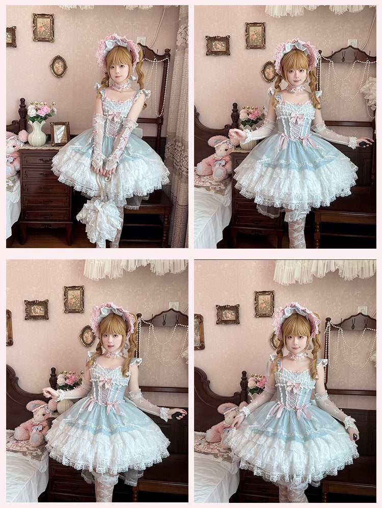 Leichter Stufenrock Blau Balletcore Sweet Lolita Pullover Flatterärmel Dreilagig