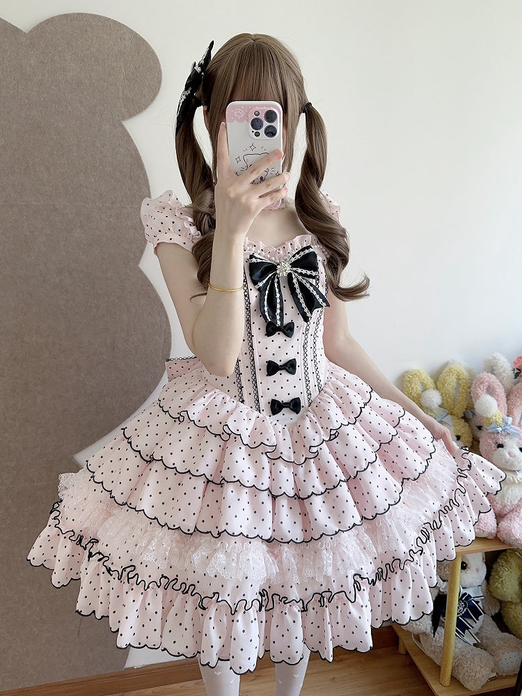 Ärmeln Stäbchen Abnehmbare Süße Taille Kleid mit Retro Polka Dots Lolita Rosa Puff