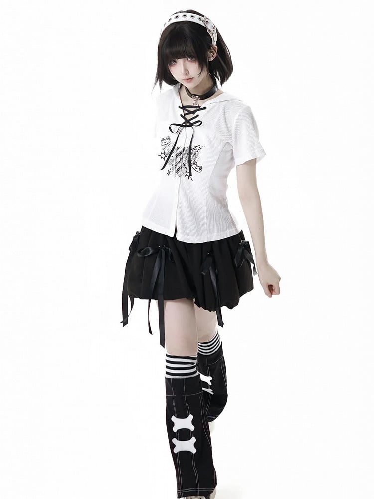 White Frog Lace-up Neckline Front Button Placket T-shirt Cute Print Hooded Waffle