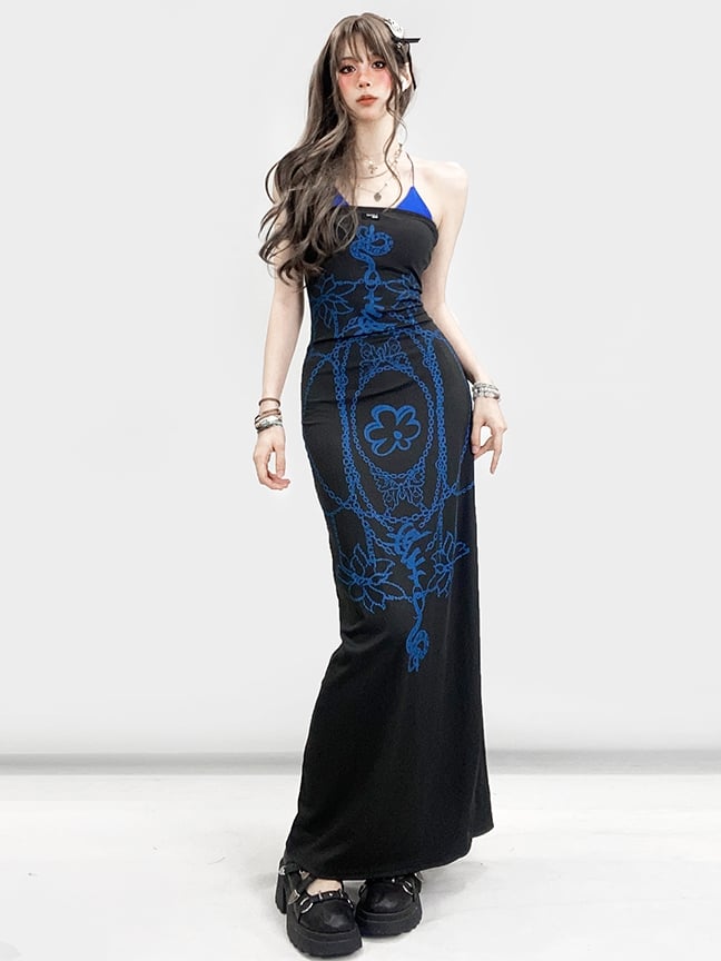 グラマラスなノースリーブスリット入りビタースイートドレス BlavkBlue ニーハイブルーキャミソール