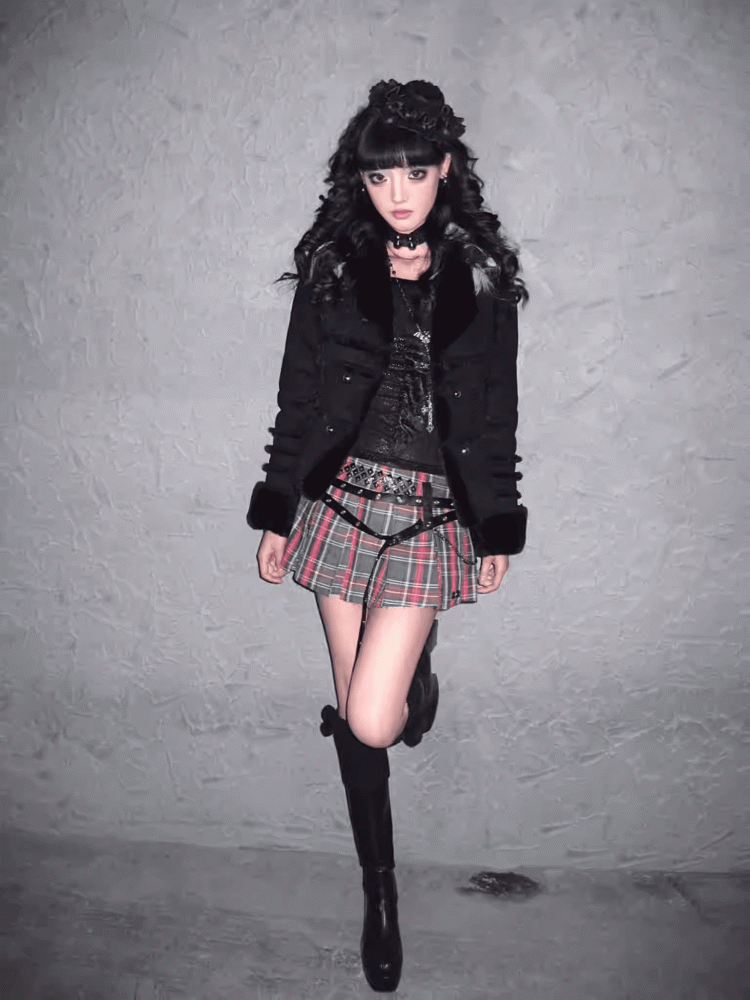 Y2K Black Plush Trim Gold-tone Buttons Suede Coat