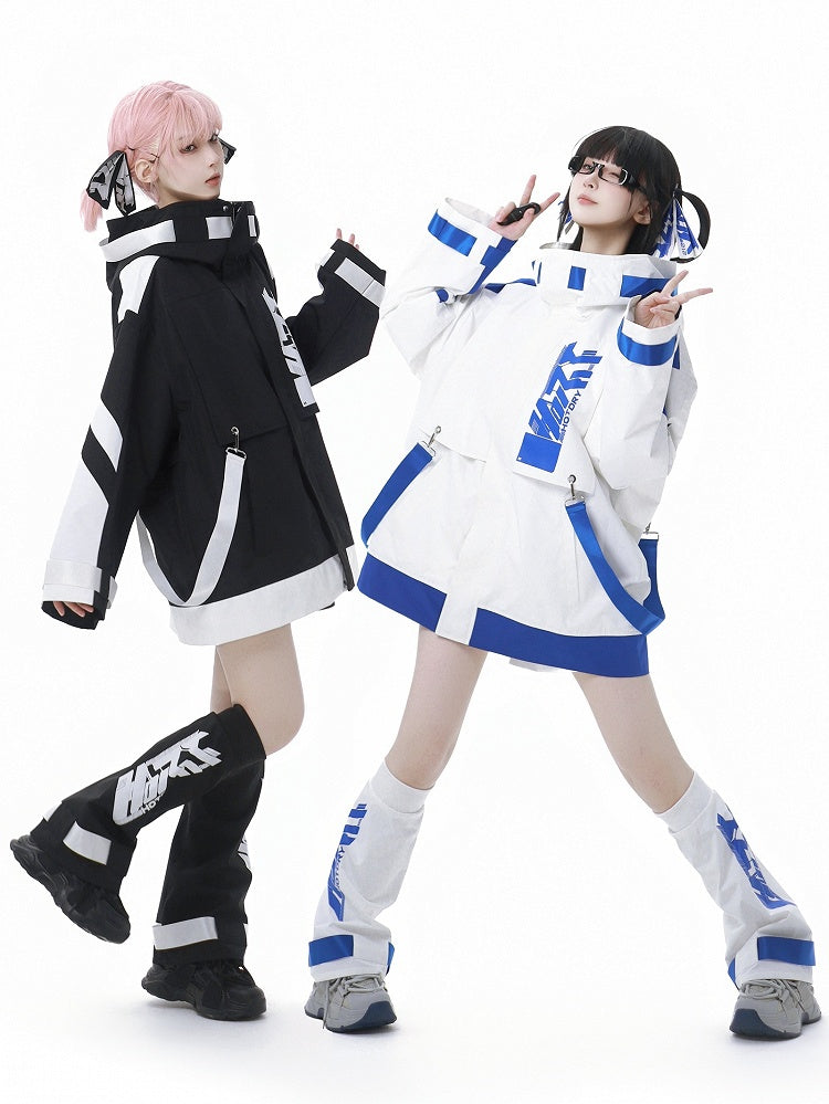 Veste coupe-vent à capuche Jirai Kei Techwear bleu et blanc avec bretelles