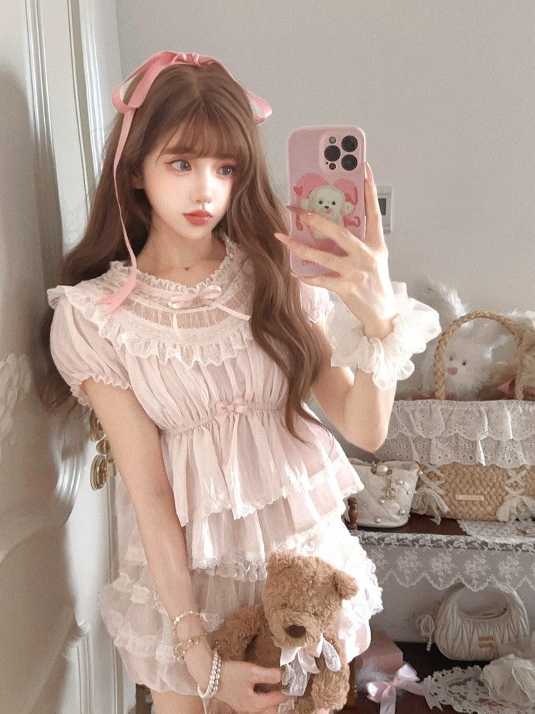 Lace Trim Hem With Peplum Top Puff Pink Sleeves