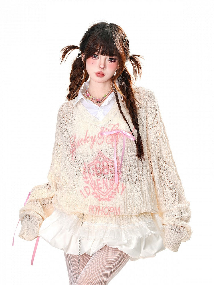 Apricot/Black Semi-sheer Polo Collar Sun Protection Hollow-out Top Faux