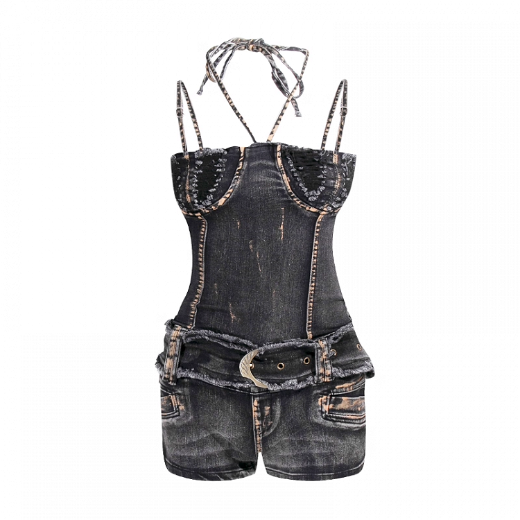 Belt Denim Bodycon Jumpsuit Black Distressed Design Buckle Y2K with