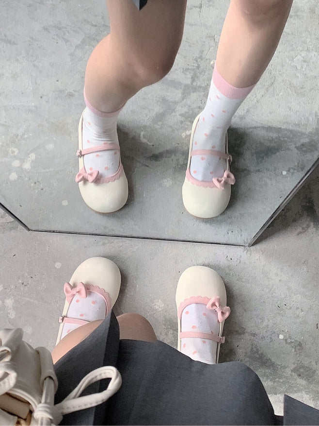 Schuhe Schleife Schnalle Kreis Lolita Beige Flach Rosa mit Spitze Rund Abnehmbar Süß