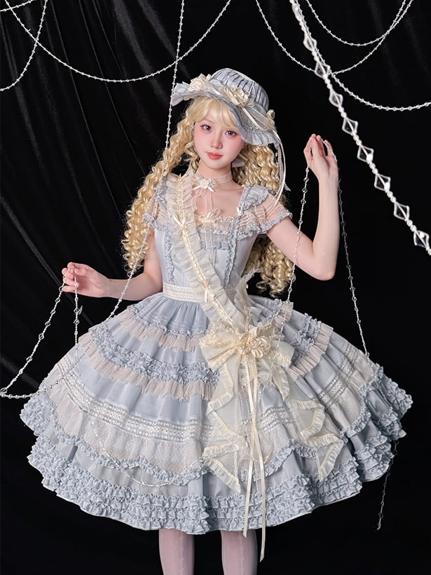 Elegante Verzierungen Plissee Rüschen Klassisches Lolita Kleid Blau Details und