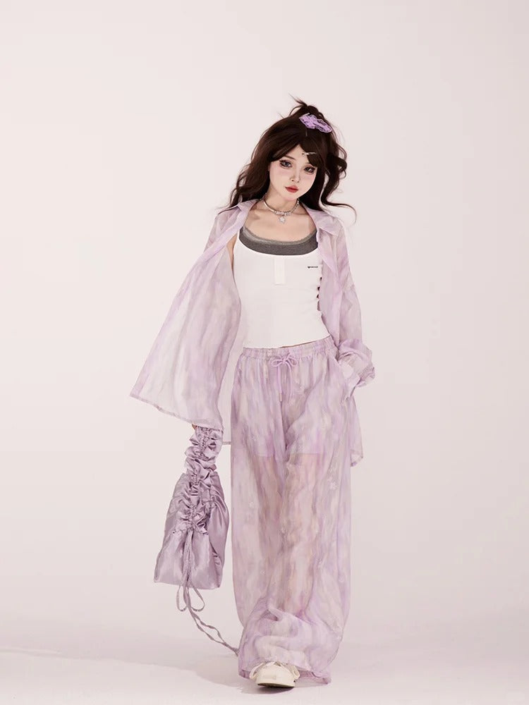 Light Waist Wide-leg Casual Loose Shirt / Pants Purple Drawstring