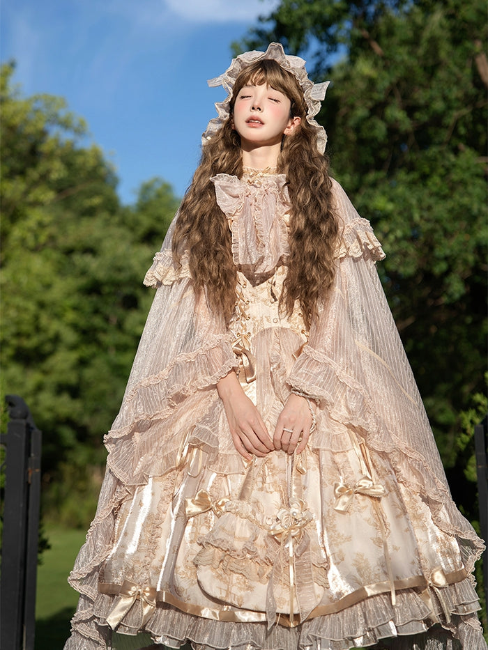 Trimming Bow Self-tie Neckline Cascading Cloak Ruffle Champagne Big
