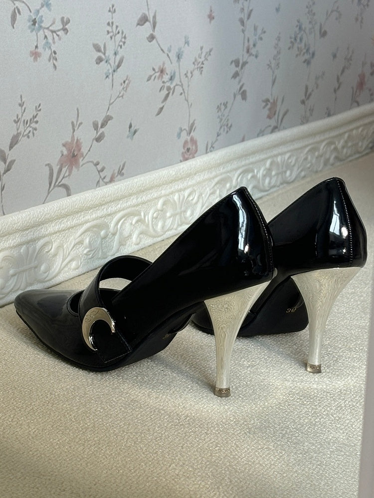 Velcro Accent - Black High Closures Heels Elegant Toe Moon Pointed Strap