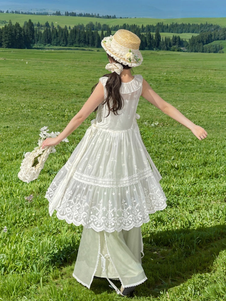 Side Self-tie Fawn Embroidery Chiffon Overdress Neckline with White Semi-Sheer Ruffle Straps