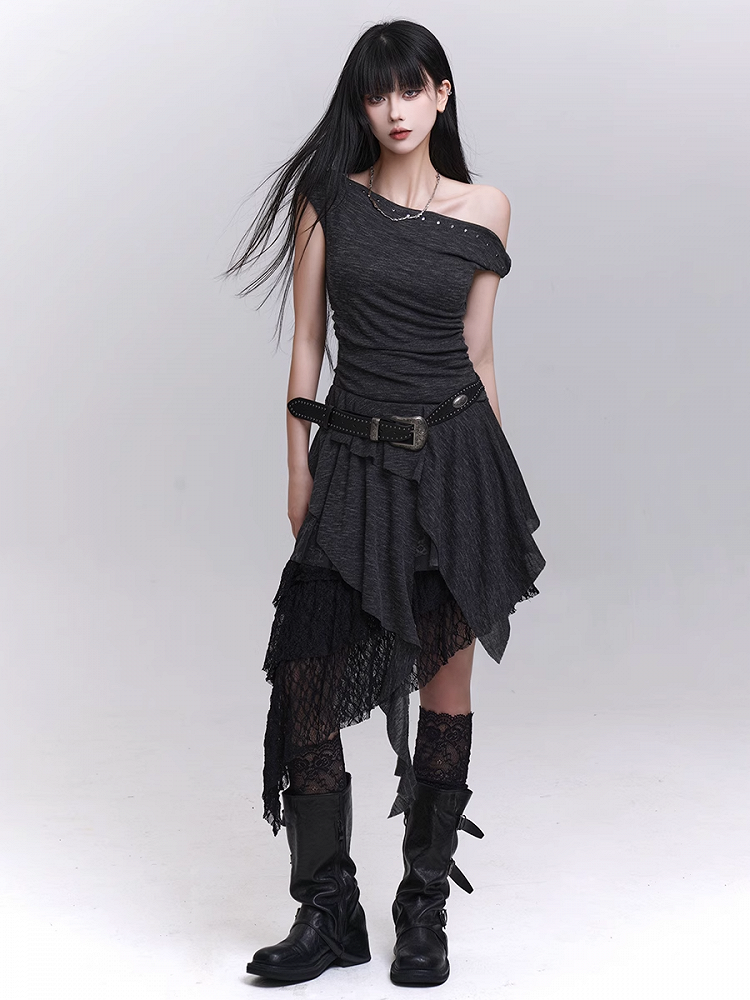 Buckle Studded Asymmetrical Neckline Cascading Ruffles Belt with Dress