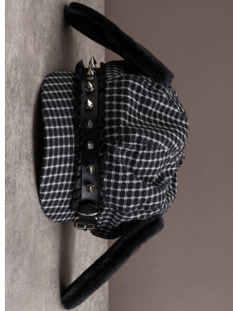Verzierte Welpen Baskenmütze Hut Nieten Design Plüsch Ohr Schnalle Schwarz Gothic