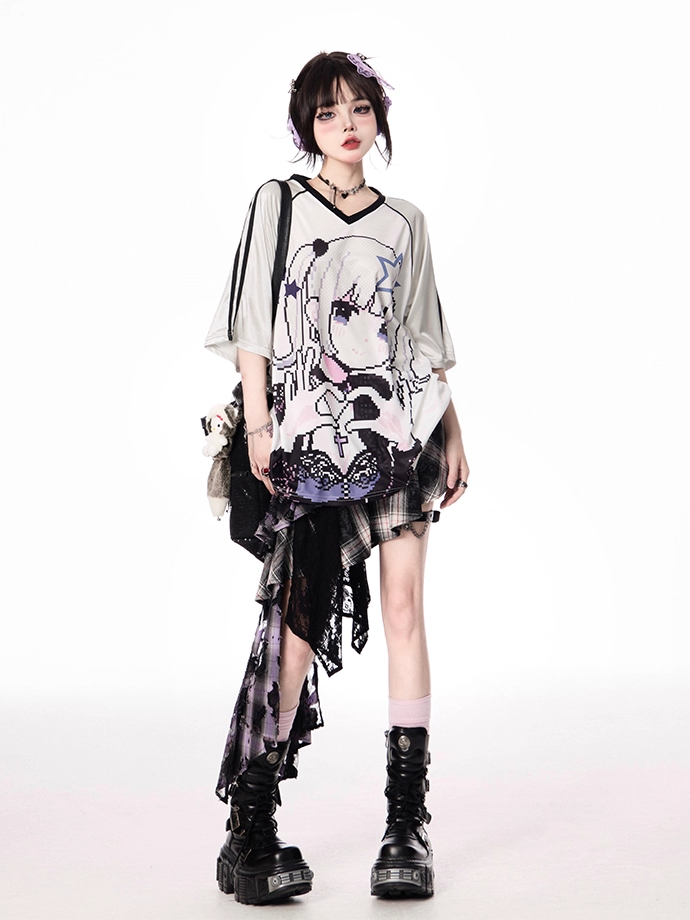 Cartoon Girl Print Black/Blue/Purple T-shirt Vintage V-neck Loose