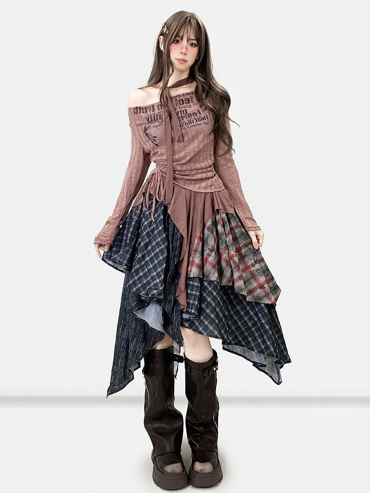 + Scarf Brown Letter Asymmetrical Top Pattern Print Millard Reddish Striped Fashion Hem