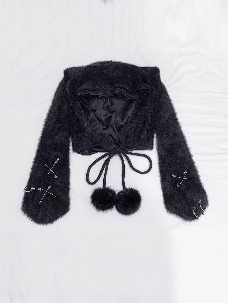 Black Bunny Ears Plush Hat with Self-tie Pompon Straps and Pin Details