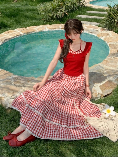 Faux Tank Top Neckline Embroidery Red Halter Neck Flutter Sleeves Cherry Two-pieces