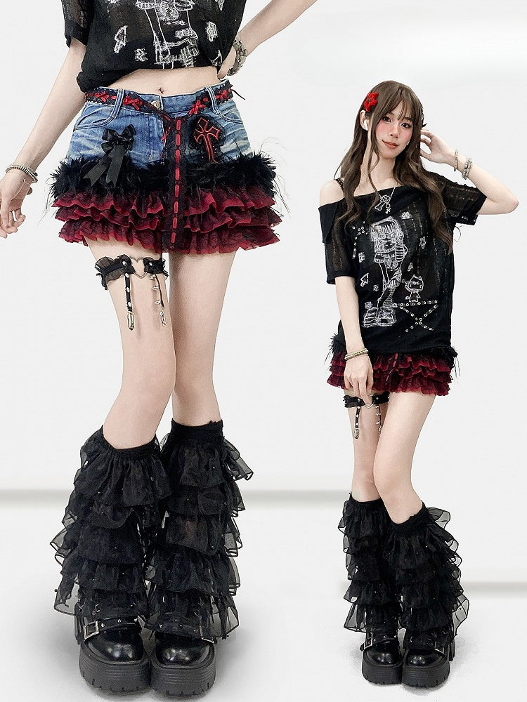 Lace Skirt Tiered Y2K Patches Contrast Blue