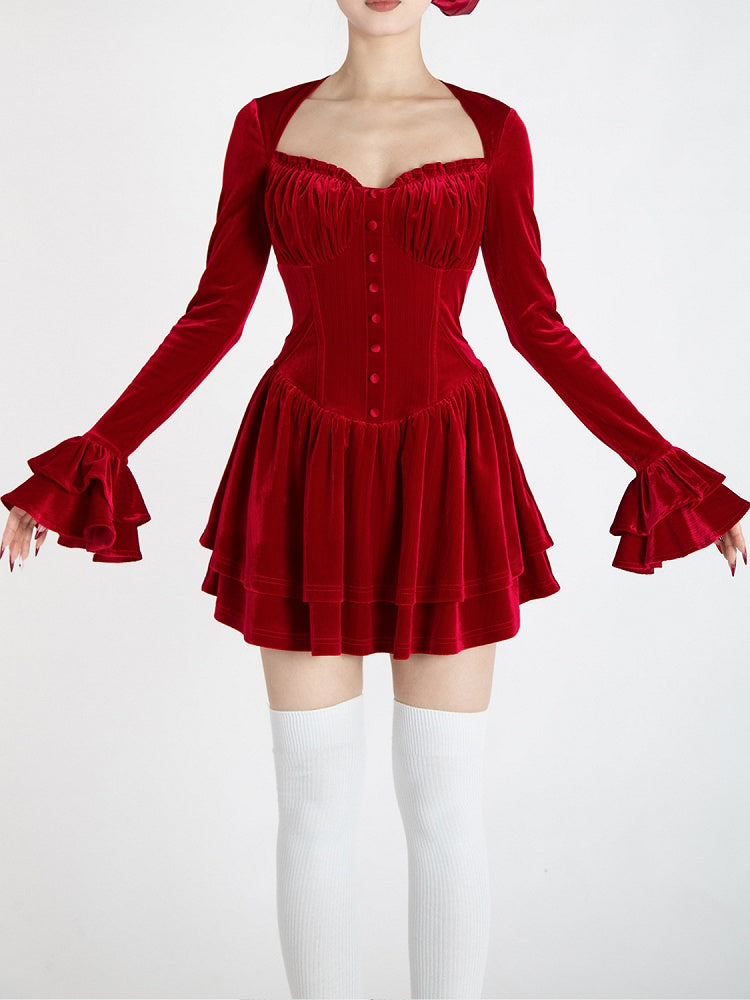 レッドベルベットのVネックベルスリーブグラマラスティアードスカートミニドレス