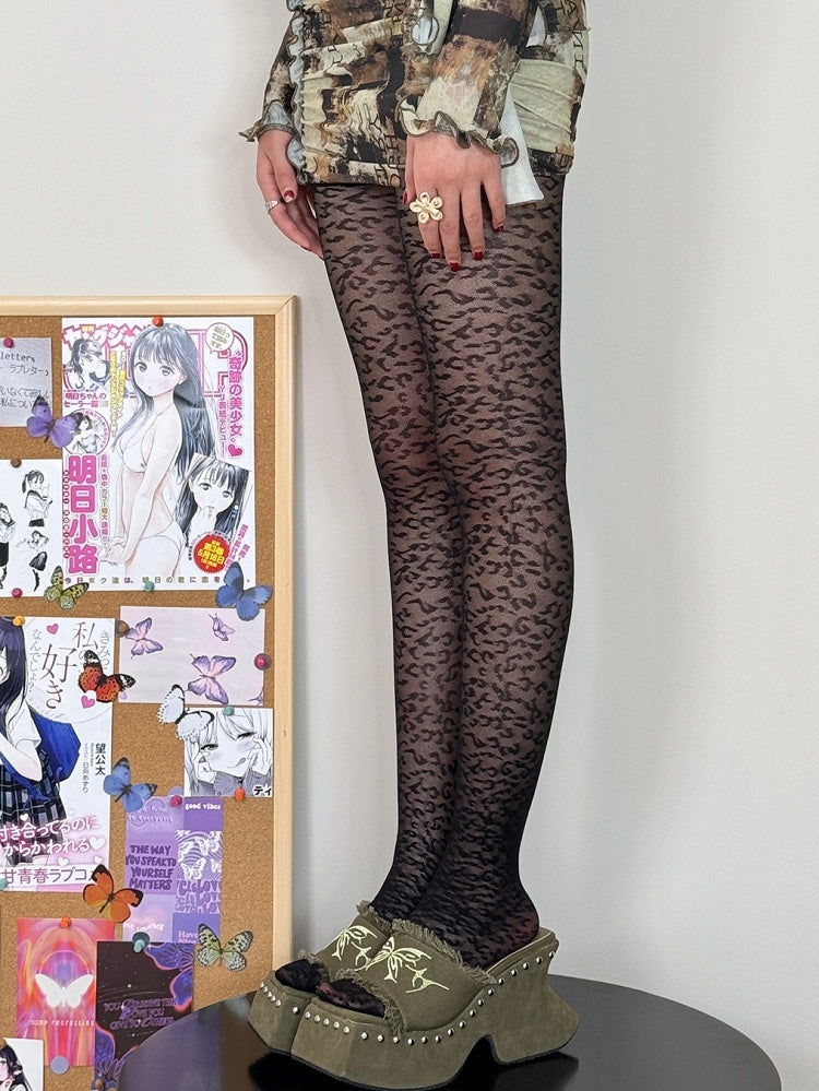 Leopard Pattern Tights Y2K Black