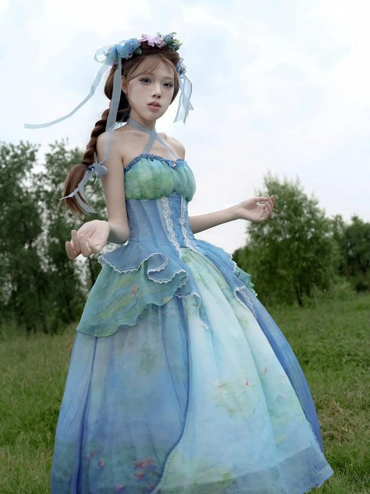 Tiered Flounce Hem Halter Boned Corset Top Print Sky Painting Fairy Oil Blue