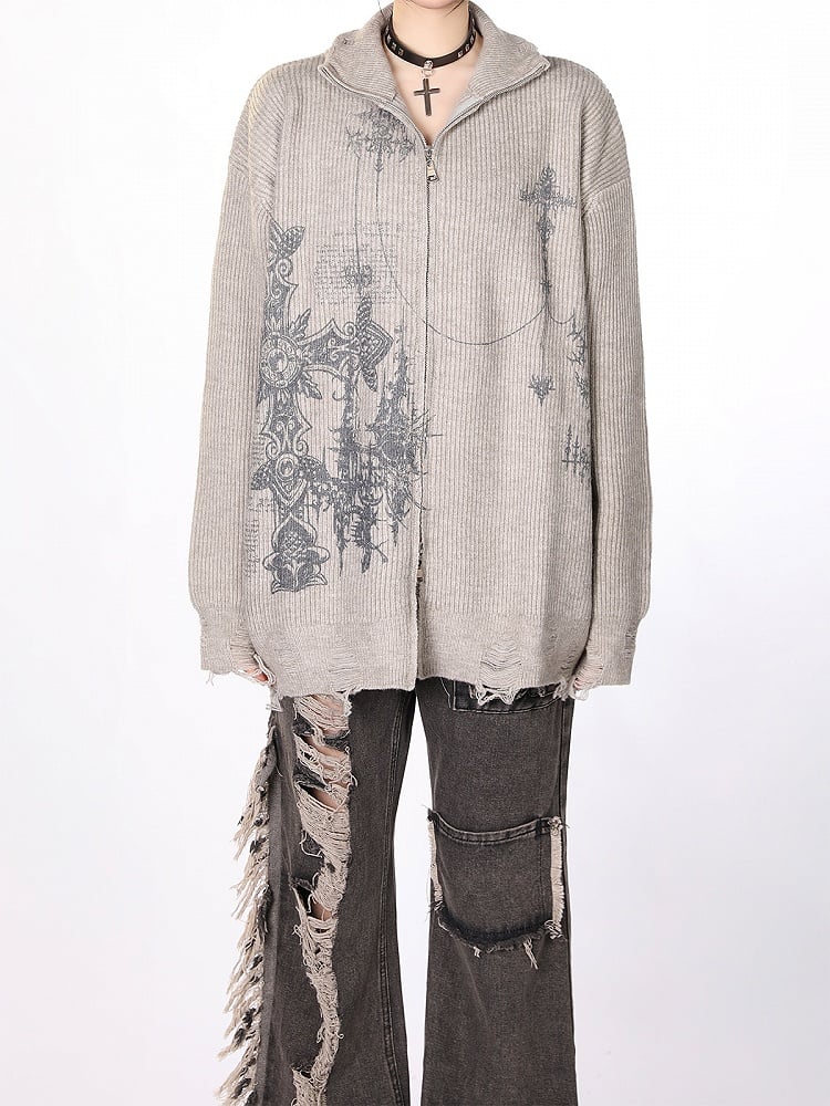 Edgy Gothic Cross Print Gray Distressed Oversized Cardigan Sweater