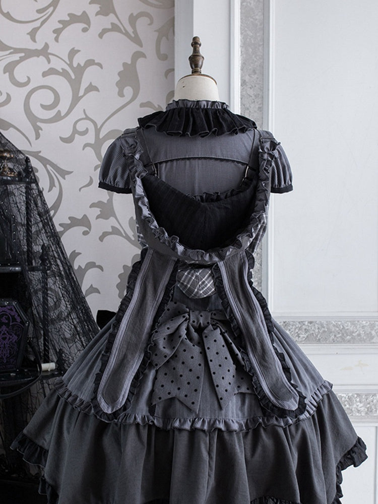 Detachable Bodice Gray Dark Overall Hood Plaid Lolita Ears Bunny Dress with Pattern