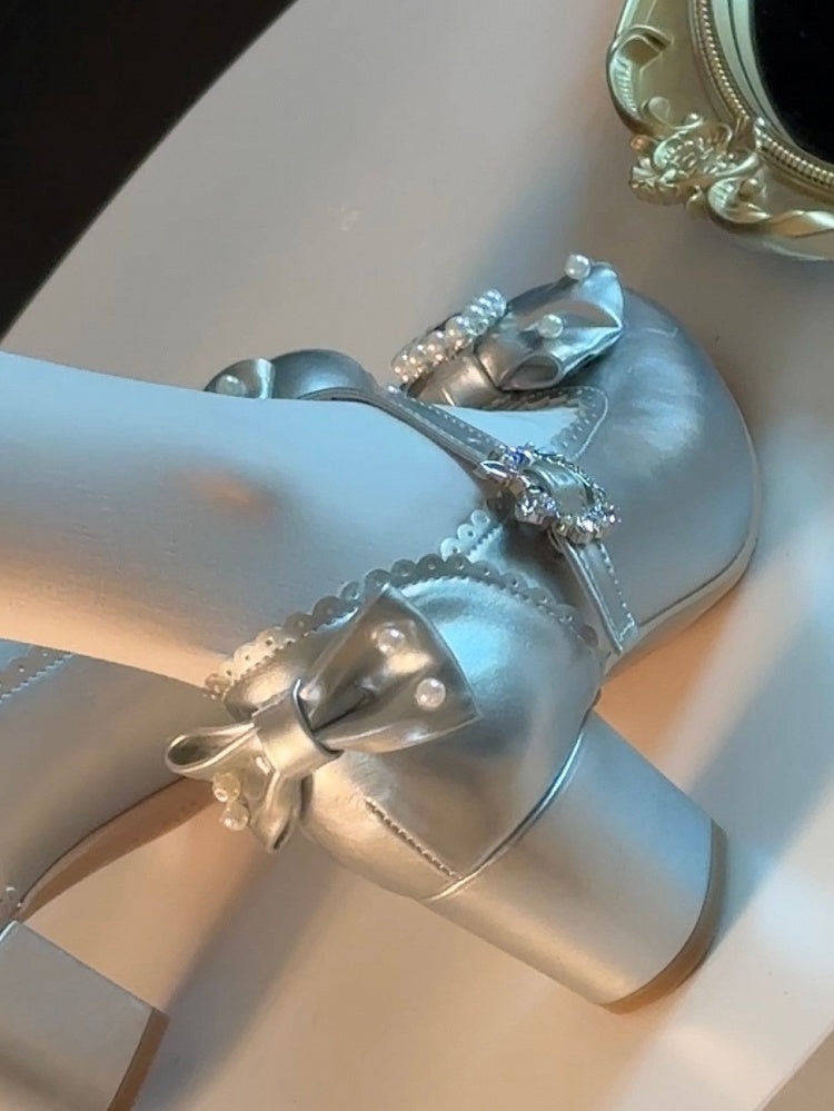 Schuhe Mary Runde Zehen Details Lolita Janes Perlen Silber Und Bowknot Verziert Strass