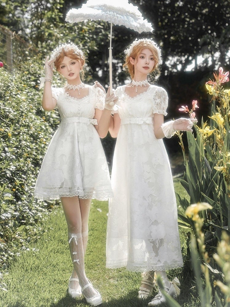 Version Slip White Long Empire Waist Dress V-neck Elegant Lolita
