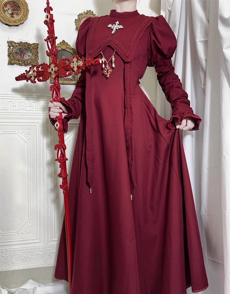 Wein Nonne Outfits Halloween Kleid Ärmel Kreuz Lolita Sammeln Stickerei Rot Juliette