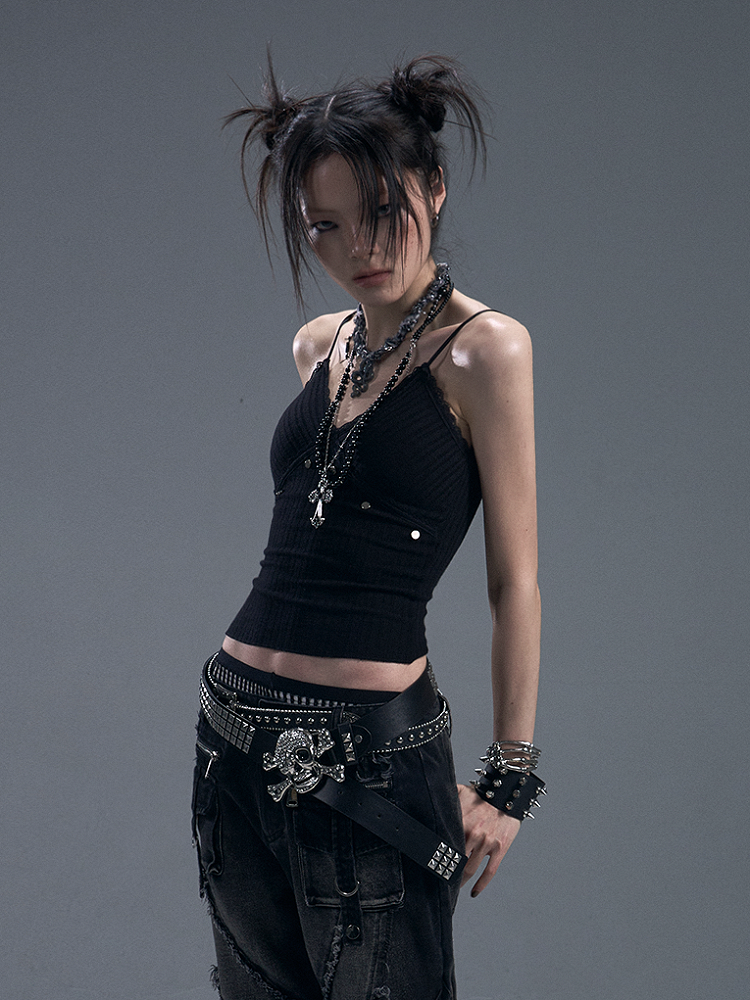 Black Punk Knit Crop Cami Top with Lace Studs